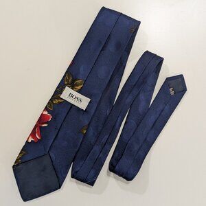 Vintage Hugo Boss Navy Blue with Red Rose Floral Silk Tie - Made in Italy